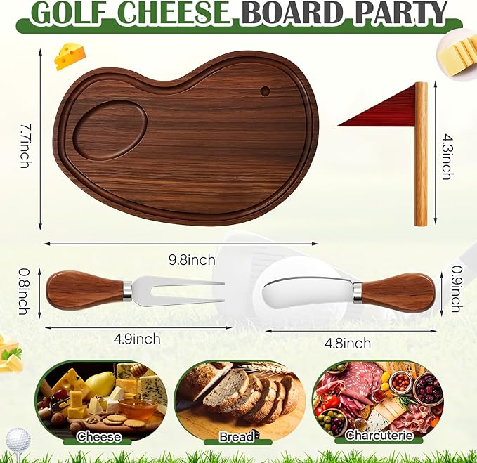 Ziliny Golf Cheese Board Gift Set Party Favor Prizes Charcuterie Wood Board with Knives and Box Father Day Gift for Dad Grandpa Party Tournament Game(9.8" x 7.7", Walnut Color)