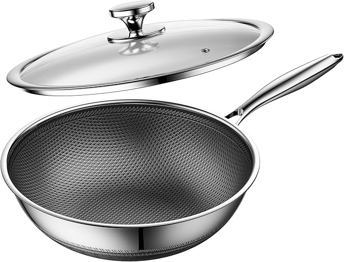 ZEROPAN Wok,Hybrid 12-Inch Wok with Lid,Nonstick Stainless Steel Woks & Stir-fry pans,Dishwasher-Friendly,PFAS PFOA PTFE Free, Oven-Safe Up to 600°F,Compatible with All Cooktops