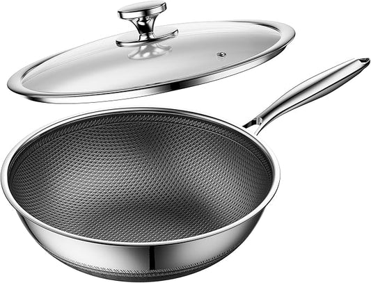 ZEROPAN Wok,Hybrid 12-Inch Wok with Lid,Nonstick Stainless Steel Woks & Stir-fry pans,Dishwasher-Friendly,PFAS PFOA PTFE Free, Oven-Safe Up to 600°F,Compatible with All Cooktops