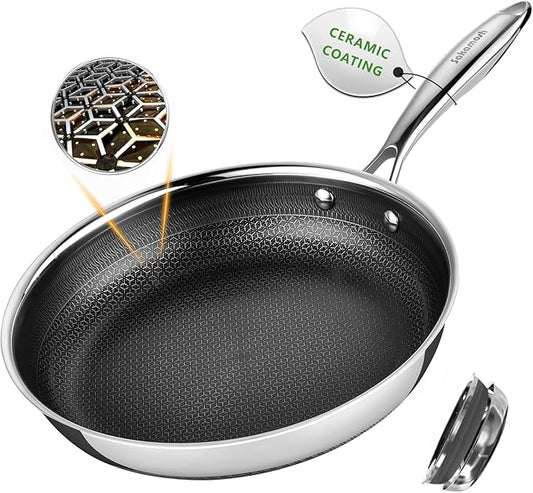 SAKAMOSH 9.5" Non Stick Frying Pans, Stainless Steel Pan, Ceramic Skillet with Stay-Cool Handle, Non Toxic, PFAS PFOA PTFE Free, Dishwasher Safe, Induction, Compatible with All Cooktops