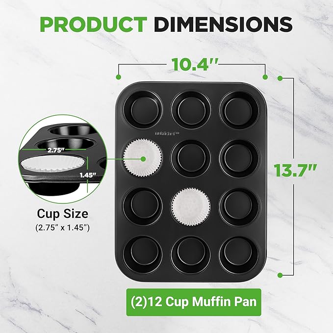 NutriChef Non-Stick 2-Piece 12 Cup Muffin Pans with 100 Parchment Cupcake Liners, Carbon Steel, Professional Grade Muffin Pans for Baking, Durable & Dishwasher Safe 13.7"x10.4"x1.1" Inch (Black)