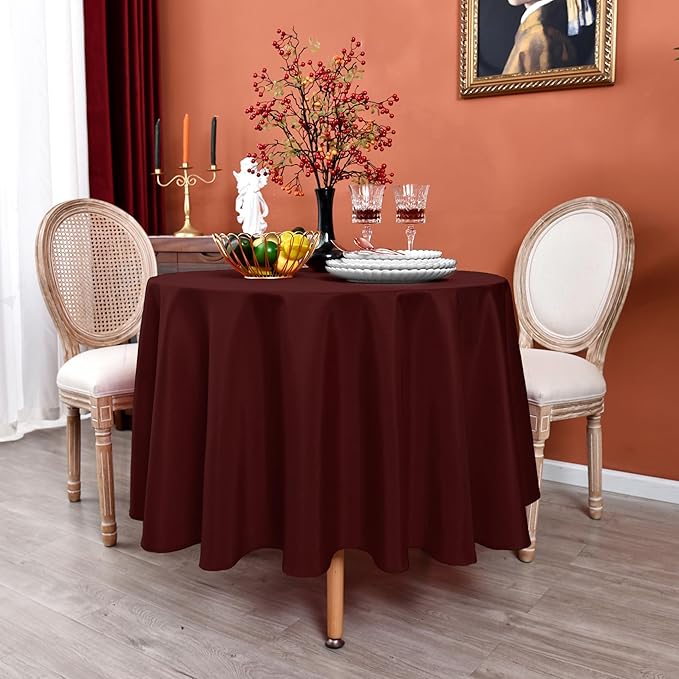 MEANMOY Burgundy 210 GSM Water & Stain Resistant Round Tablecloth for Circle Table - Solid 90 Inch Dark Red Table Cloth Cover in Wrinkle Free Durable Washable Polyester Fabric for Party, Banquet