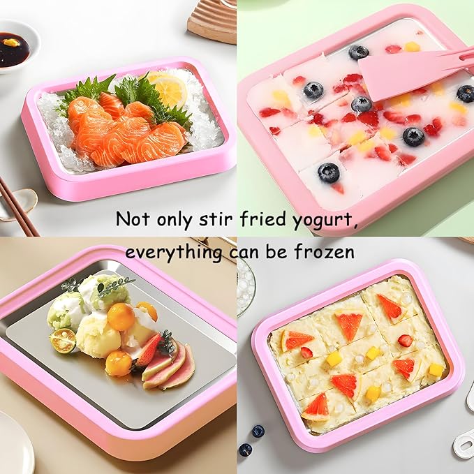 Rolled Ice Cream Maker,Parent Child Homemade Instant Frozen Yogurt Maker,with 2 Spatulas,Plug In Free,Food-Grade 304 Stainless Steel,Safer for Children To Use(Pink, (8.9in*6.9in*1.6in))