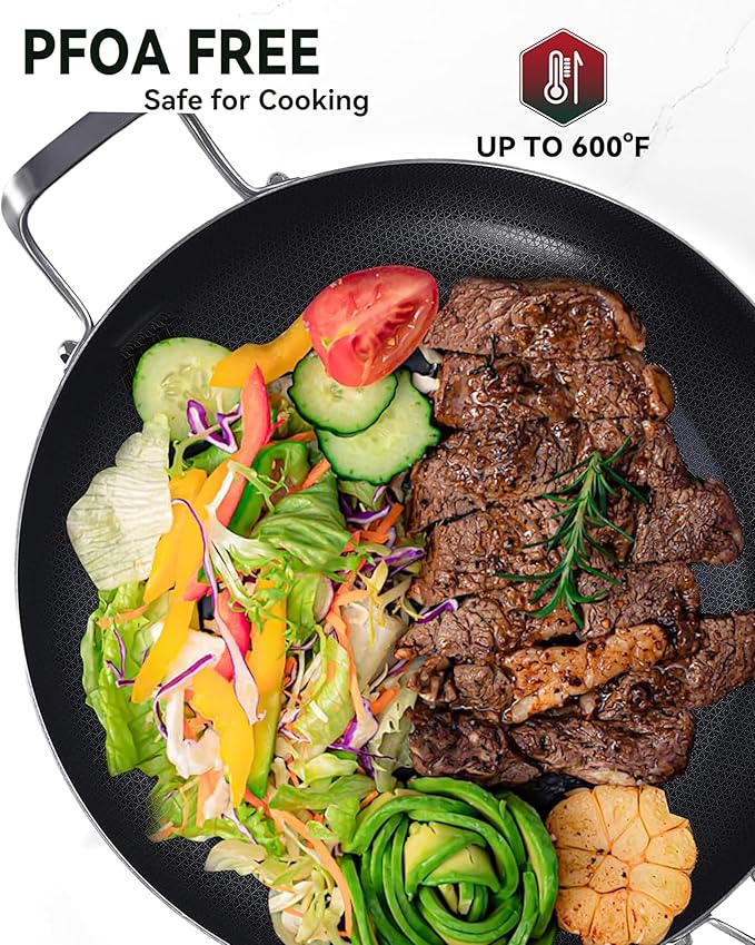 Bzayeat 12 Inch Non-Stick Ceramic Stainless Steel Frying Pan - With Lid & Helper Handle, Induction Compatible Skillet, Dishwasher & Oven Safe Up to 600°F, Detachable Handle, Perfect for 4 People