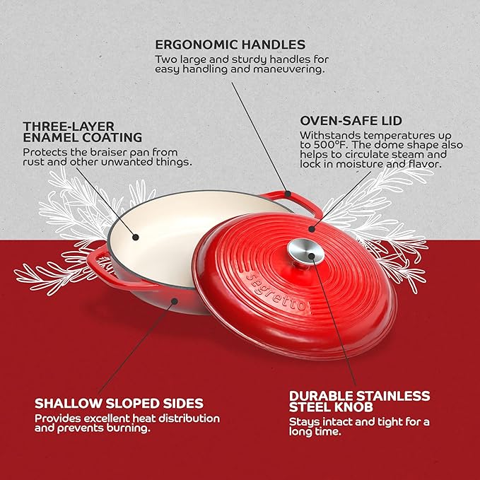 Segretto Cookware Enameled Cast Iron Braiser, 3.6 Quarts, 30cm, Red