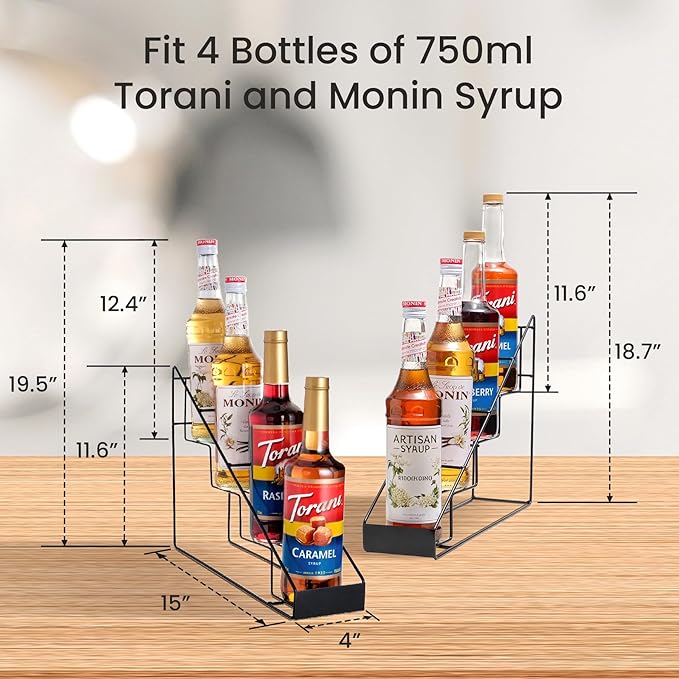 mustry Coffee Syrup Rack for Coffee Bar Accessories, Coffee Syrup Holder Fits with Torani and Monin Syrup, Coffee Bar Rack Holds 4 Bottles, 2 Pack