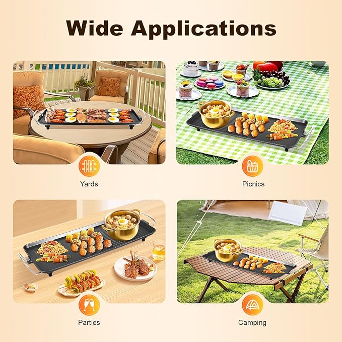 27" Electric Griddle - Extra Large Teppanyaki Grill with Adjustable Temperature, Nonstick Smokeless Surface for Indoor/Outdoor Cooking (Even Heating, Insulated Handles)