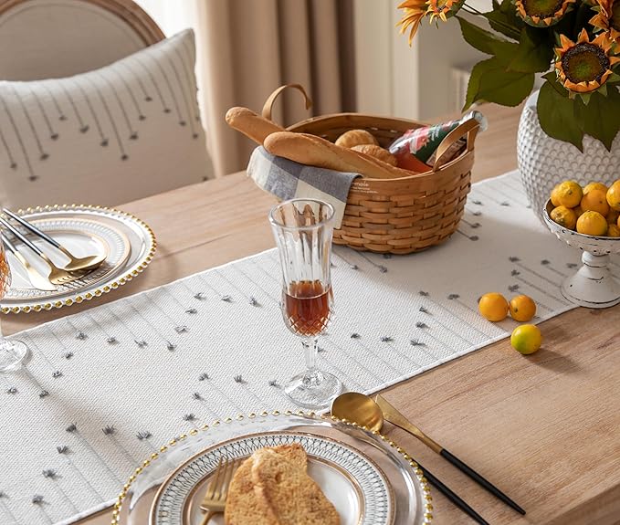 Boho Table Runner 13 x 48 Inch Long Natural Cotton Woven Runner with Tassels for Home Dining Table décor, for Modern Farmhouse Decor Coffee Table Runner, Grey and Beige
