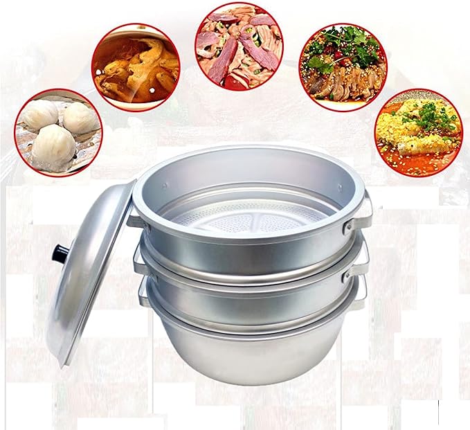 TrueCraftware- 13" x 19-1/2" Aluminum 3 Tier Steamer Set 1/8” hole size- Steamer for Cooking Pot Food Steam Pots with Lid for Cooking Vegetables Seafood Soups Stews and Pasta