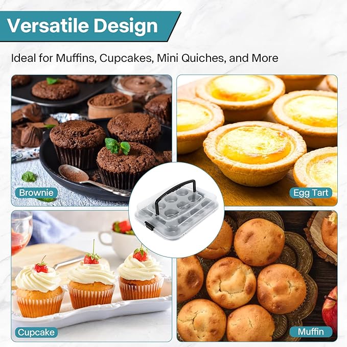 Spmarkt 2-Pack Cupcake Pan with Lid, 12-Cup Nonstick Muffin Pan with Handle – Cupcake Carrier for Baking & Transporting, Perfect for Party, Holiday, Gathering