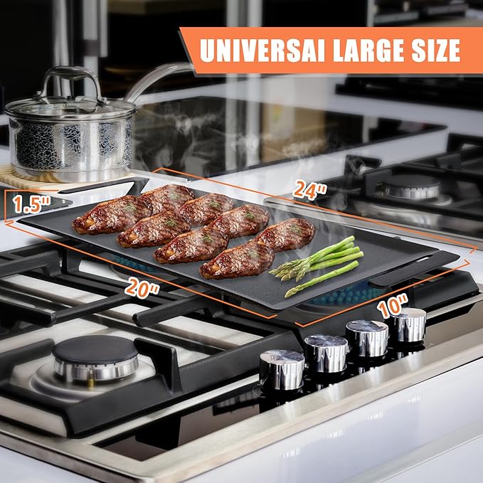 24'' Carbon Steel Griddle for Gas Grill, Double Burner Cooking Griddle Pan for Gas/Stovetop Oven/Induction Cooktop/Charcoal Grill, Professional Pre-seasoned Cookware