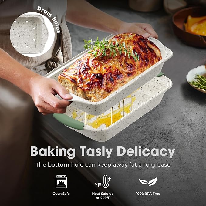 Slow Slog 11-Piece Non-Toxic Baking Set, Stackable Nonstick Cookware with Heat-Resistant Handles - Includes Cookie Tray, Round Cake Pan, Muffin Cups, Pizza Pan & Loaf Baker, White&Light Green