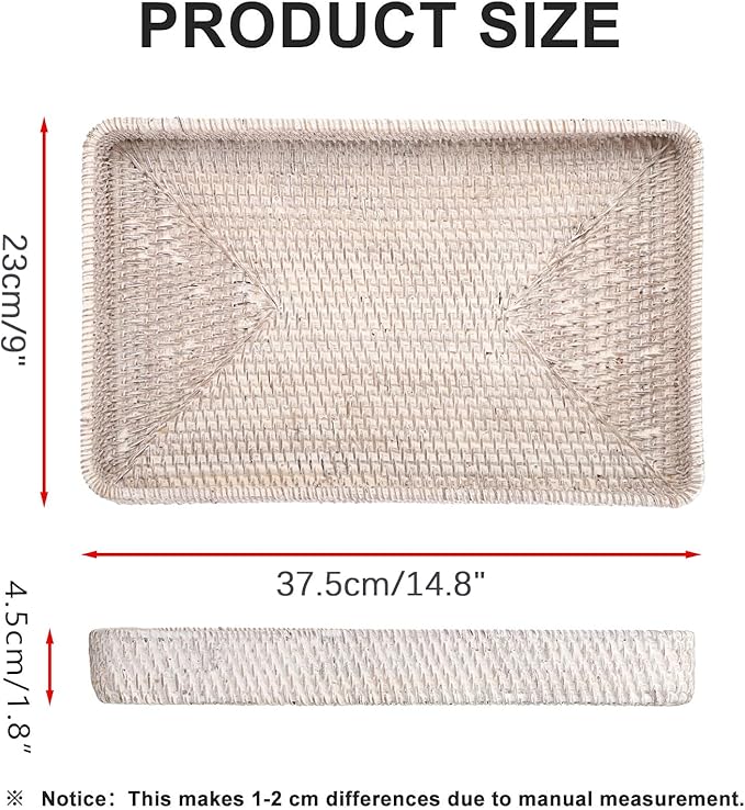 Hipiwe Rattan Serving Tray Whitewash Decorative Woven Trays for Organizing Bread Fruit Basket Rectangular Desktop Organizer for Kitchen Bathroom, 14.8" x 9" x 1.8"