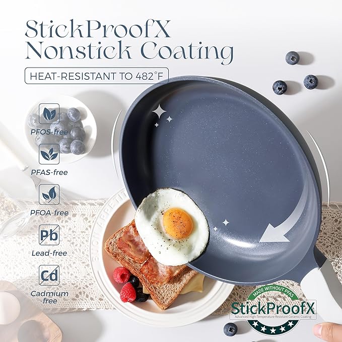 PRICUSIS 5Pcs Ceramic Nonstick Frying Pan Set, 8+10+12 Inch Induction Compatible Skillet with Stay Cool Handle, Fully Coated, 100% Dishwasher Safe, PFAS & PTFE & PFOA Free (Blueberry Gray