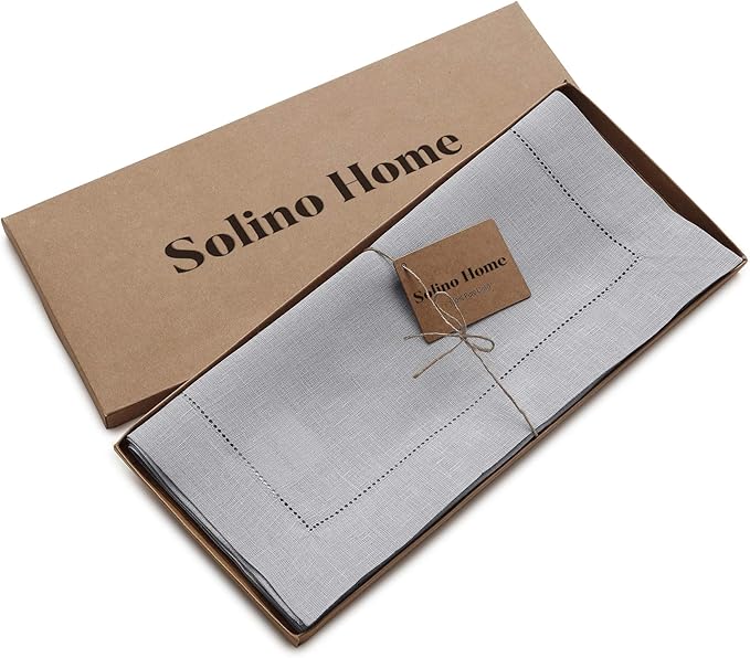 Solino Home Linen Soft Grey Table Runner 144 Inches Long - 100% Pure Linen Extra Long Table Runner 14 x 144 Inch for Spring, Easter - Classic Hemstitch