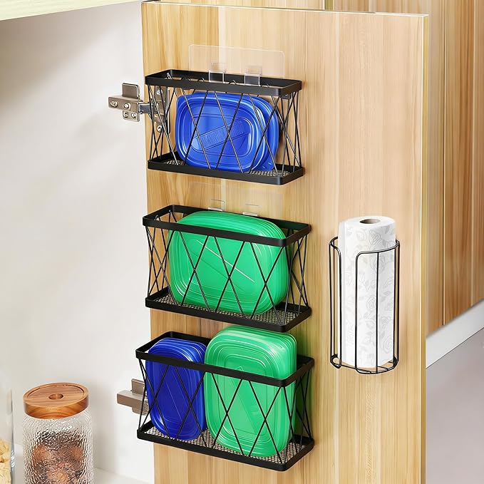 YIGII 3 Pack Adhesive Cabinet Door Organizer, Black Cabinet Door Storage with Plastic Wrap Organizer, Slim Kitchen Basket Wall Mounted for Pantry, Under Sink