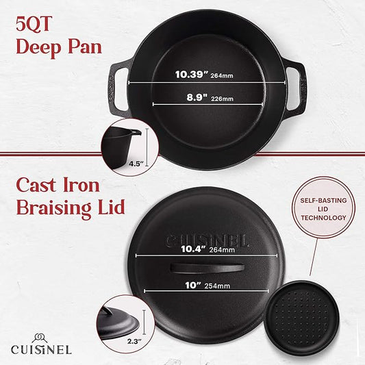 Cuisinel Cast Iron Dutch Oven - 5-Quart Deep Pot + Lid + Pan Scraper + Handle Cover Grips - Large Pre-Seasoned Cooker for Baking Bread, Soup, Frying - Indoor/Outdoor Kitchen, Camping, Fire, BBQ Safe