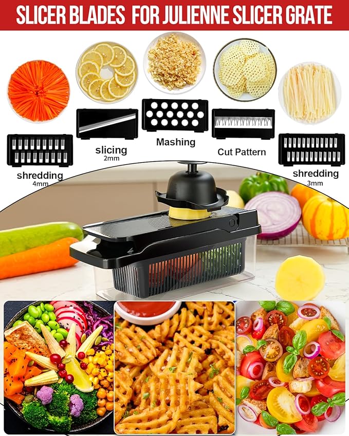 12 in 1 Vegetable Chopper Mandoline Slicer, Dicer Shredder Julienne Food Veggie Onion Chopper Cheese Grater with Container Salad Cutter Multi All-in-1 Kitchen Gadgets & Home Essentials