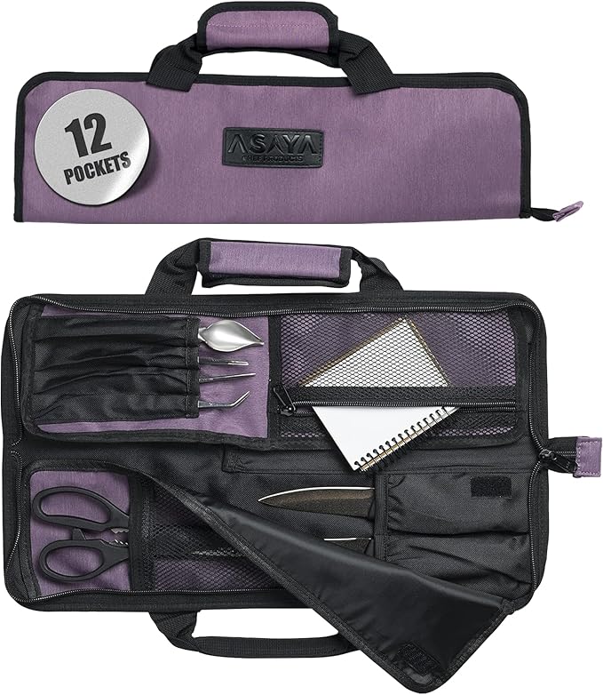 Asaya Chef Knife Roll Bag - 12 Pockets for Knives and Kitchen Utensils - Lightweight, Durable, and Stain Resistant Nylon - Perfect for the Traveling Chef - Knives not Included (Purple)