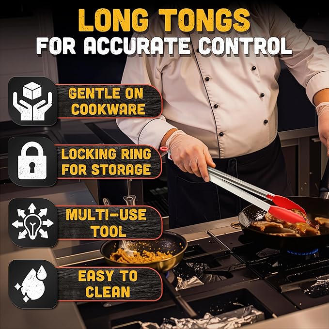 Salad Tongs - 17.3" Long Tongs for Cooking with Silicone Tips & Stainless Steel Frame for Salad Mixing & Serving for Safe Turning of Steaks, Burgers & Veggies - Easy-Lock Handle for Grip & Storage