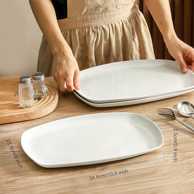fMBB 3pcs Ceramic White Serving Platters, Large Rectangular Plate, Irregular Rectangular Trays - Party, Wedding, Entertaining, Microwave and Dishwasher Safe - 14 Inch