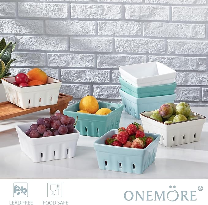 ONEMORE Berry Basket Ceramic Berry Bowls with Holes Square Fruit Bowl Berry Colander Containers for Fridge - 5.8" Fruit Basket for Kitchen Décor, Set of 2, Mint Green
