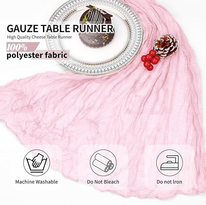 12 Pack Light Pink Cheesecloth Table Runner 10Ft, Gauze Table Runners 21.5 x 120 inch,Semi Sheer Cheese Cloth Fabric Runner Bulk for Wedding,Party,Baby Shower,Bridal Shower