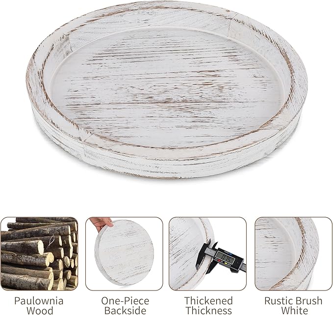 Hanobe Candle Plate Holder Tray: Round Wooden Decorative Candle Plate Small Farmhouse Table Centerpiece Rustic White Wood Tealight Pillar Trays for Home Decor