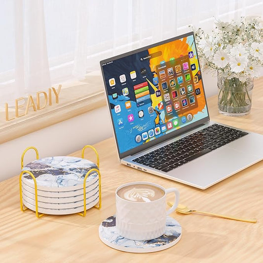 6Pcs/Set Marble Abstract Ceramic Coasters with Holder, Absorbent Drink Coasters, Coffee Cup Coaster,Round Ceramic Table Coasters Set Decorative