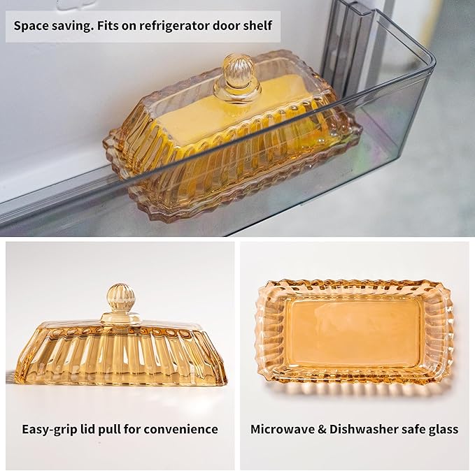 Champagne Color Glass Butter Dish with Lid, Covered Butter Stick Holder Tray, Crystal Glass Butter Storage Container for Kitchen Countertop
