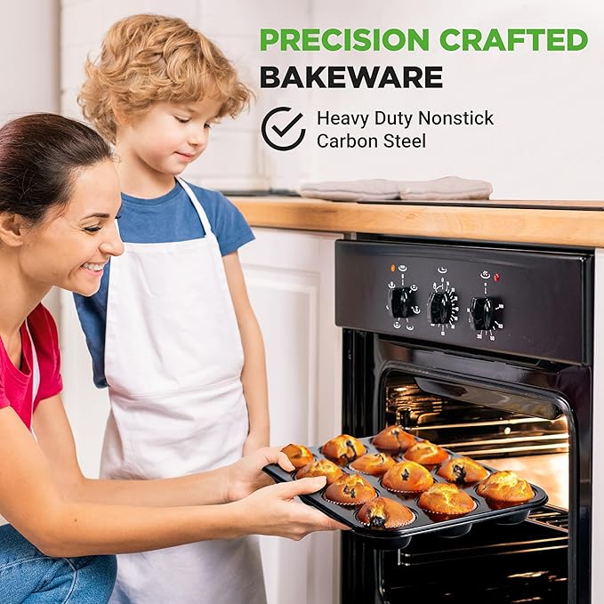 NutriChef Non-Stick 2-Piece 12 Cup Muffin Pans with 100 Parchment Cupcake Liners, Carbon Steel, Professional Grade Muffin Pans for Baking, Durable & Dishwasher Safe 13.7"x10.4"x1.1" Inch (Black)