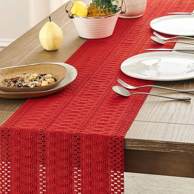 ZeeMart Macrame Style Boho Table Runner, Red Table Runners 60 Inches Long, Farmhouse Woven Home Decor, 12x60 Inch, Red