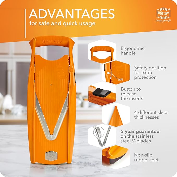Börner Mandoline Slicer V5 (Basic Set) • Vegetable V-Slicer for Slices in 4 Thickness Settings • Stainless Steel V-Blade • Adjustable Kitchen Slicer for Vegetables & Fruits • Color: Orange