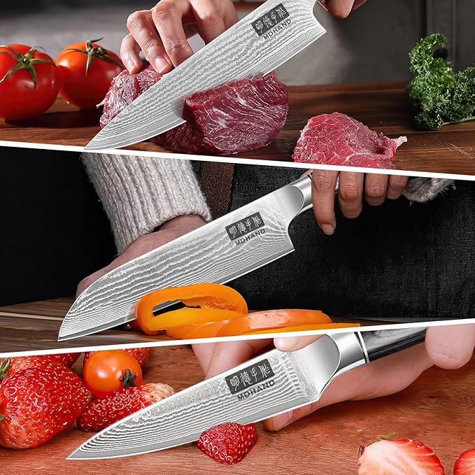 MDHAND Damascus Knife Set, 3PCS Ultra Sharp 10Cr15CoMoV Super Steel Japanese Kitchen Knife, Professional Chef Knife Set with Black Pakkawood Handle, Including Chef, Santoku & Paring Knife, Elegant Box