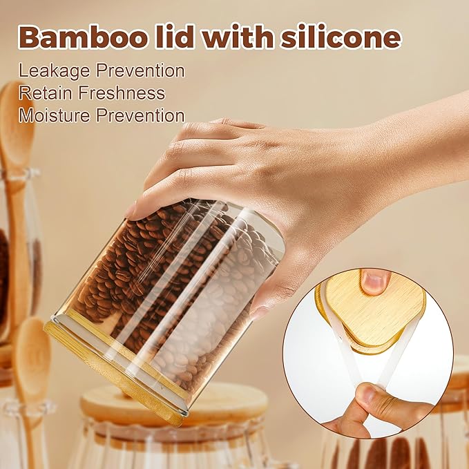Glass Jars with Bamboo Lids and Spoons, 16 oz Glass Storage Containers with Lids for Dry Food Storage Sugar, Coffee, Nuts, Cookie, Candy, Tea, Airtight Kitchen Canisters Spice Jars