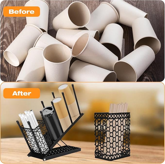 Coffee Cup Holder, Adjustable Cup Dispenser Lid Organizer Rack, 4 Compartment Disposable Paper Plastic Cup and Lid Dispenser with Straw Storage Basket for Coffee Bar Station Breakroom Countertop Black