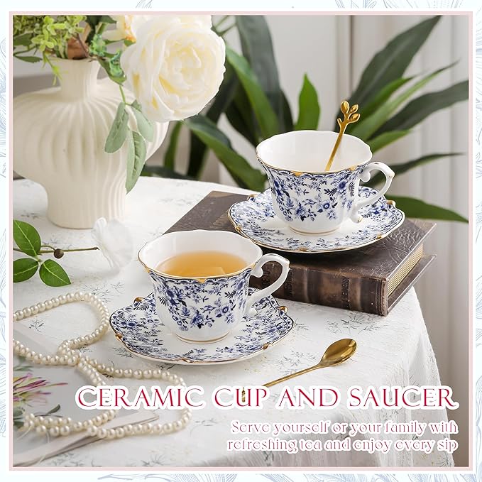 Country Roses Porcelain Tea Cup and Saucer Set with Gold Trim, Vintage Style, For Women and Tea Parties (2, Cyan)