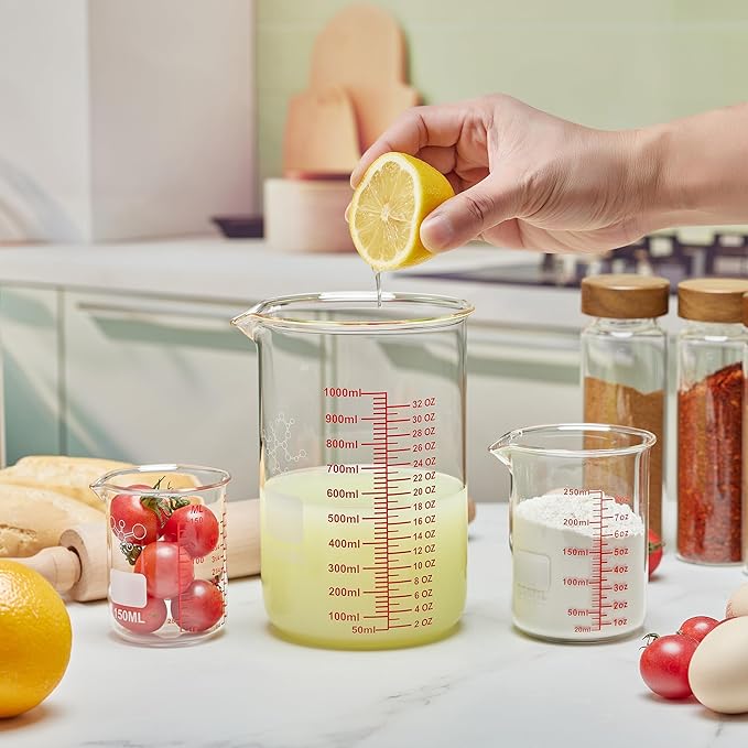 High Borosilicate Glass Measuring Cup Set-V-Shaped Spout，Includes 250ml(8OZ), 500ml(16OZ), and 1000ml(32OZ) Glass Measuring Beaker, Easy to Read