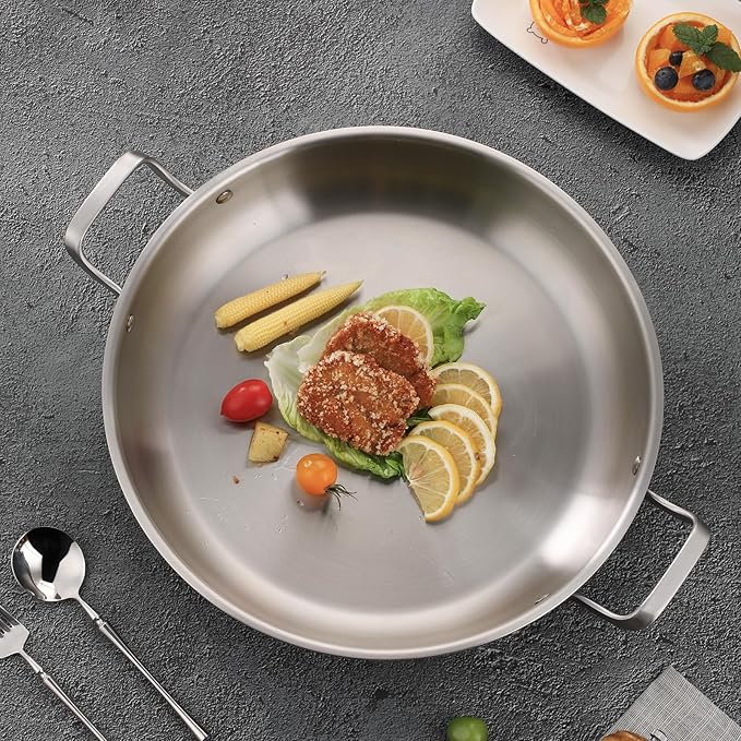 Yeksum Tri-Ply Stainless Steel Paella Pan, 14.5 inch Large Skillet,12 Servings 18/10 Large Paella pan with Lid,Jumbo Cooker,Perfect for Outdoors, Camping, Parties