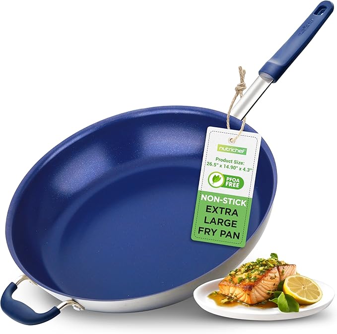 NutriChef 14" Non-Stick Large Frying Pan, Ceramic Coating, Stainless Steel Aluminum Frying Pan with Silicone Handle, Stain-Resistant, PFOA Free – Safe for Gas, Electric, Induction, Ceramic Cooktops