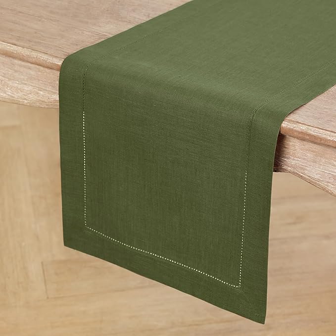 Solino Home Linen Olive Table Runner 108 Inches Long - 100% Pure Linen 14 x 108 Inch Table Runner for St Patricks Day - Classic Hemstitch
