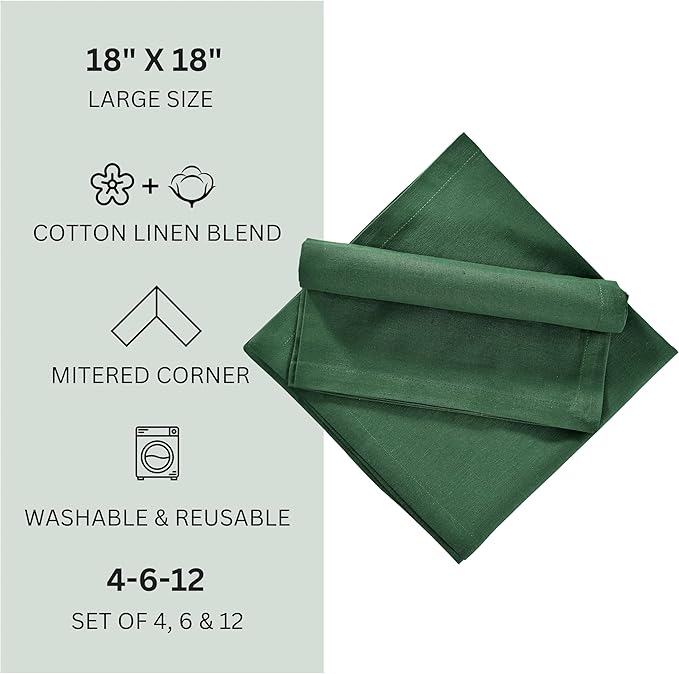 FINGERCRAFT Dinner Cloth Napkins, Cotton Linen Blend Mitered Corner Napkins Cloth 12 Pack Natural Premium Quality for Every Day Use, Parties, Weddings, 18x18 inch Christmas Special Color Eden Green
