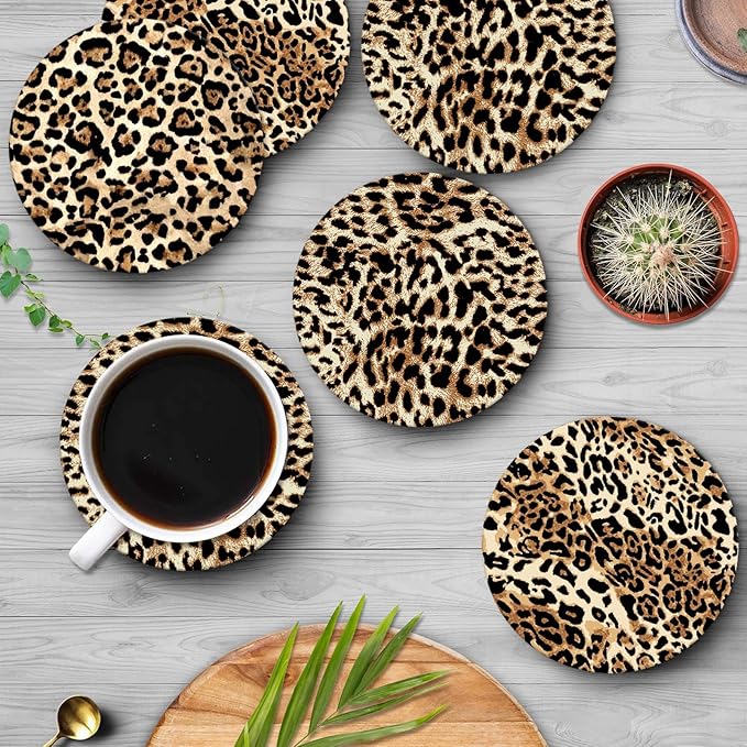 Coaster for Drinks Set of 6, Leopard Animal African Tiger Cheetah Absorbent Round Ceramic Stone Mat, with Cork Base and Metal Holder, Gift for Housewarming Room Bar Decor