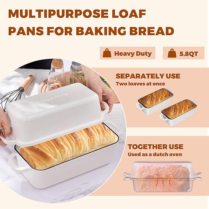 Articasting 11x5 Inch Cast Iron Bread Loaf Pan With Lid, 5.8 Qt Large Loaf Pan for Sourdough Bread Baking, Heavy Duty Dutch Oven Bread Pan For a Crispy Crust (Cream White)
