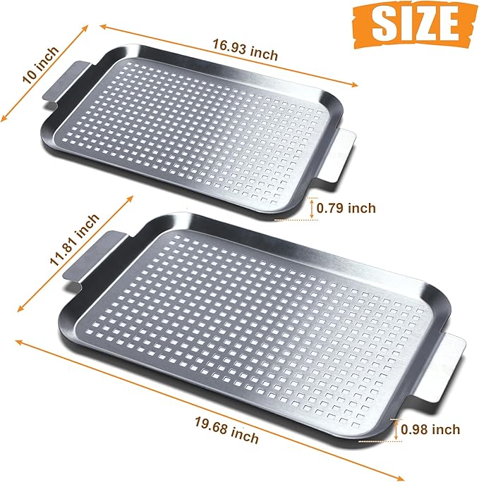 COOK TIME Grill Pan Set of 2, BBQ Grill Topper for Outdoor Grill, Stainless Steel Grilling Baskets with Holes and Handles, Perforated Food Tray Barbecue Accessories for Vegetable, Fish, Large