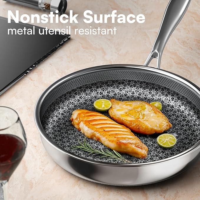 KURRUNGIE Non Stick Frying Pans Set with 3 Lid, Non-Toxic Hybrid Pans Set Nonstick (8+10+12inch),Pan for cooking, nonStick Cookware, Dishwasher and Oven-Safe Cookware Sets, Stainless Steel Skillets
