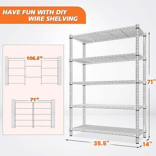 REIBII 5 Tier Metal Shelving Storage Shelves,71''H Adjustable Garage Shelving Unit and Storage,Wire Shelves Pantry Shelves for Kitchen Restaurant Warehouse Office,71H X 35.5W X 14D,Chrome