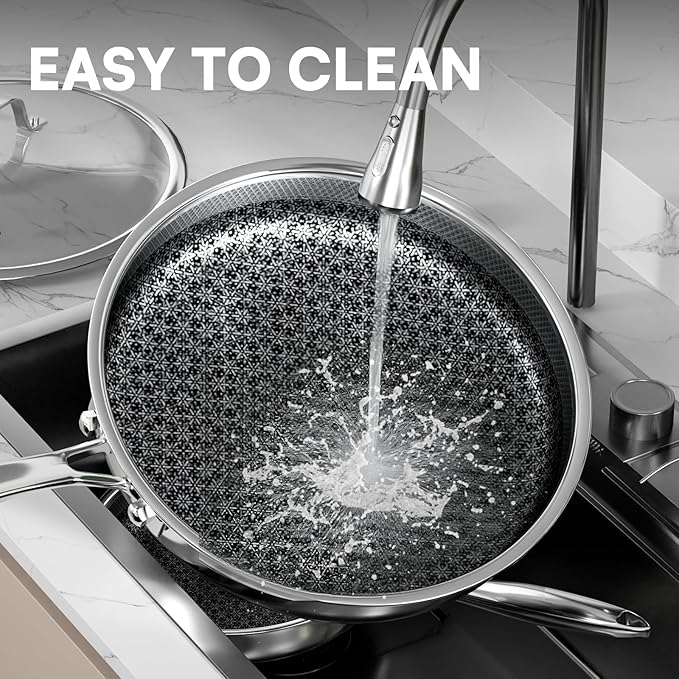 KURRUNGIE Non Stick Frying Pans Set with 3 Lid, Non-Toxic Hybrid Pans Set Nonstick (8+10+12inch),Pan for cooking, nonStick Cookware, Dishwasher and Oven-Safe Cookware Sets, Stainless Steel Skillets