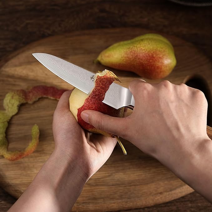 Wakoli Oribu Damascus All-Purpose Knife – Full Tang Kitchen Knife | 4.5-Inch Blade Made of 67-Layer Genuine Damascus Steel | Ergonomic Olive Wood Handle | Sharp & Durable