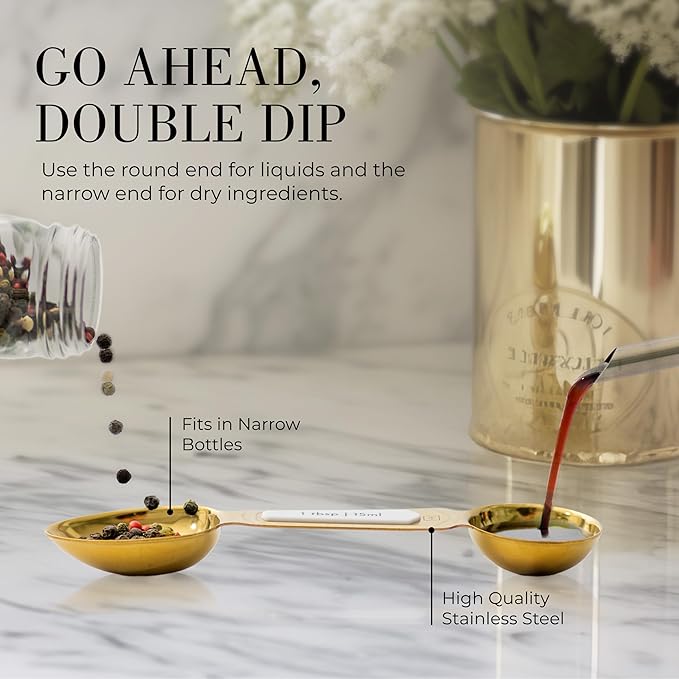 White and Gold Measuring Spoons with Leveler - Featuring 8PC Upgraded Style, Dual-Sided, Stackable, Stainless Magnetic Measuring Spoons Set - Fits in Spice Jars, White and Gold Kitchen Accessories